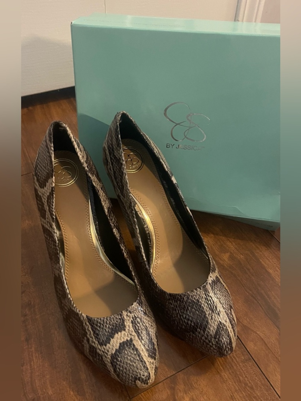 Jessica Simpson Snake-Print Pointed Toe Pumps in Brown and Cream